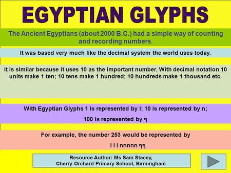 The Ancient Egyptians (about 2000 B.C.) had a simple way of counting and recording numbers. It was based very much like the decimal system the world uses.
