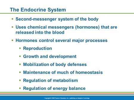 Copyright © 2009 Pearson Education, Inc., publishing as Benjamin Cummings The Endocrine System  Second-messenger system of the body  Uses chemical messengers.