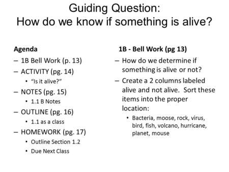 Guiding Question: How do we know if something is alive? Agenda – 1B Bell Work (p. 13) – ACTIVITY (pg. 14) “Is it alive?” – NOTES (pg. 15) 1.1 B Notes –
