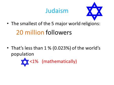 Judaism The smallest of the 5 major world religions: 20 million followers That’s less than 1 % (0.023%) of the world’s population 