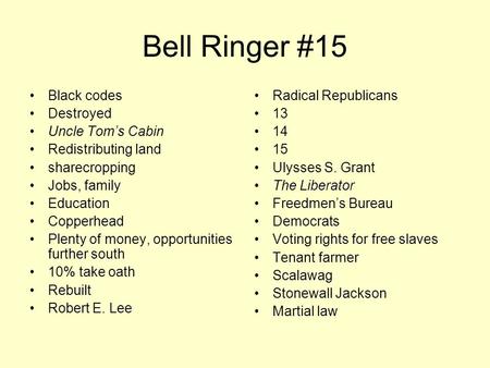 Bell Ringer #15 Black codes Destroyed Uncle Tom’s Cabin
