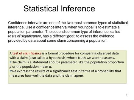 Confidence intervals are one of the two most common types of statistical inference. Use a confidence interval when your goal is to estimate a population.