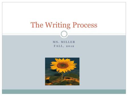 MS. MILLER FALL, 2012 The Writing Process. Objectives for Today Define the elements of the writing process Learn to pre-write Learn to draft Learn to.
