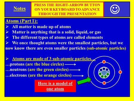 Notes Atoms (Part 1):  All matter is made up of atoms  Matter is anything that is a solid, liquid, or gas  The different types of atoms are called elements.