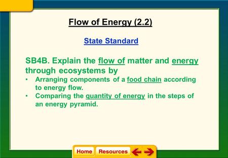State Standard SB4B. Explain the flow of matter and energy through ecosystems by Arranging components of a food chain according to energy flow. Comparing.