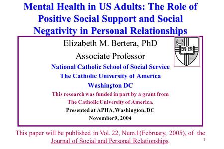 1 Mental Health in US Adults: The Role of Positive Social Support and Social Negativity in Personal Relationships Elizabeth M. Bertera, PhD Associate Professor.