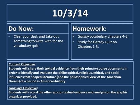 10/3/14 Do Now: -Clear your desk and take out something to write with for the vocabulary quiz. Homework: Gatsby vocabulary chapters 4-6. Study for Gatsby.