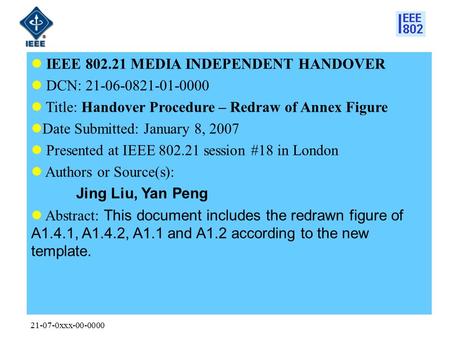 21-07-0xxx-00-0000 IEEE 802.21 MEDIA INDEPENDENT HANDOVER DCN: 21-06-0821-01-0000 Title: Handover Procedure – Redraw of Annex Figure Date Submitted: January.