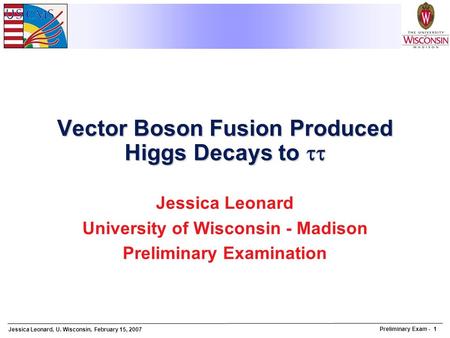 Jessica Leonard, U. Wisconsin, February 15, 2007 Preliminary Exam - 1 Vector Boson Fusion Produced Higgs Decays to  Jessica Leonard University of Wisconsin.