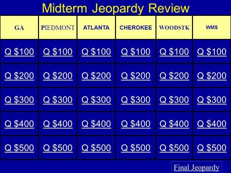 Midterm Jeopardy Review Final Jeopardy GAPIEDMONT ATLANTACHEROKEE WOODSTK WMS Q $100 Q $200 Q $300 Q $400 Q $500.
