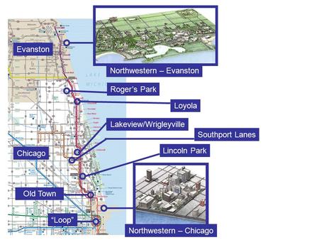 Northwestern – Evanston Northwestern – Chicago Evanston Roger’s Park Lakeview/Wrigleyville “Loop” Chicago Old Town Southport Lanes Loyola Lincoln Park.