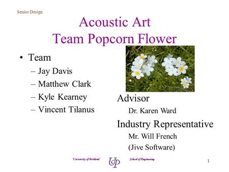 Senior Design 1 Acoustic Art Team Popcorn Flower Team –Jay Davis –Matthew Clark –Kyle Kearney –Vincent Tilanus University of Portland School of Engineering.