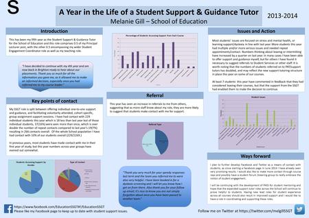 A Year in the Life of a Student Support & Guidance Tutor Melanie Gill – School of Education Introduction This has been my fifth year as the Student Support.