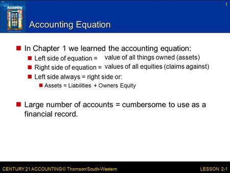CENTURY 21 ACCOUNTING © Thomson/South-Western Accounting Equation 1 LESSON 2-1 value of all things owned (assets) values of all equities (claims against)