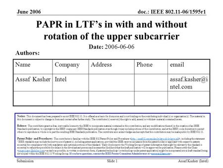 Doc.: IEEE 802.11-06/1595r1 Submission June 2006 Assaf Kasher (Intel)Slide 1 PAPR in LTF’s in with and without rotation of the upper subcarrier Notice: