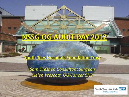 NSSG OG AUDIT DAY 2012 South Tees Hospitals Foundation Trust Sam Dresner, Consultant Surgeon Helen Wescott, OG Cancer CNS.