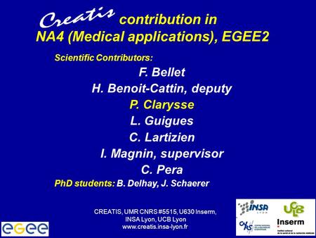 1 1 contribution in NA4 (Medical applications), EGEE2 Scientific Contributors: F. Bellet H. Benoit-Cattin, deputy P. Clarysse L. Guigues C. Lartizien I.