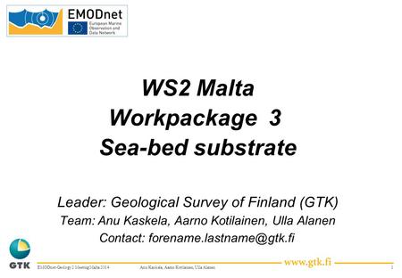 1 WS2 Malta Workpackage 3 Sea-bed substrate Leader: Geological Survey of Finland (GTK) Team: Anu Kaskela, Aarno Kotilainen, Ulla Alanen Contact: