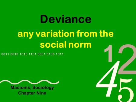 Deviance any variation from the social norm Macionis, Sociology Chapter Nine.