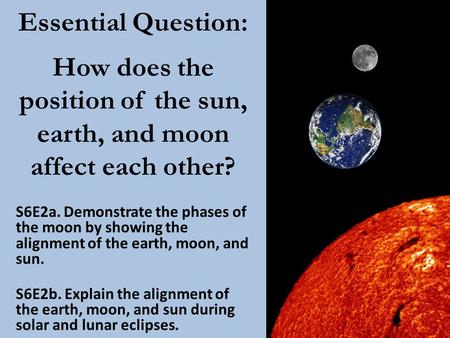 Essential Question: How does the position of the sun, earth, and moon affect each other? S6E2a. Demonstrate the phases of the moon by showing the alignment.