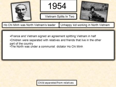 1954 France and Vietnam signed an agreement splitting Vietnam in half Children were separated with relatives and friends that live in the other part of.