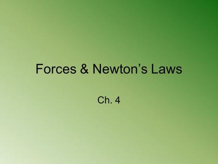 Forces & Newton’s Laws Ch. 4. Forces What is a force? –Push or pull one body exerts on another –Units = Newton (N) –Examples: List all of the forces that.