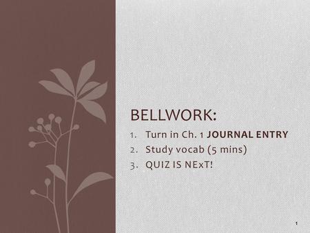 1.Turn in Ch. 1 JOURNAL ENTRY 2.Study vocab (5 mins) 3.QUIZ IS NExT! 1 BELLWORK: