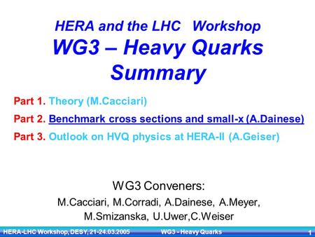 HERA-LHC Workshop, DESY, 21-24.03.2005 WG3 - Heavy Quarks 1 HERA and the LHC Workshop WG3 – Heavy Quarks Summary WG3 Conveners: M.Cacciari, M.Corradi,