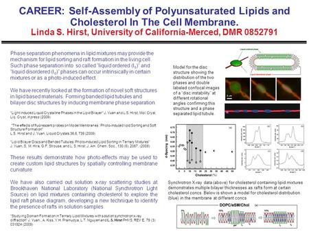 CAREER: Self-Assembly of Polyunsaturated Lipids and Cholesterol In The Cell Membrane. Linda S. Hirst, University of California-Merced, DMR 0852791 Phase.