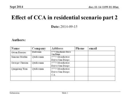 Doc.:11-14-1199-01-00ax Submission Sept 2014 Slide 1 Effect of CCA in residential scenario part 2 Date: 2014-09-15 Authors: