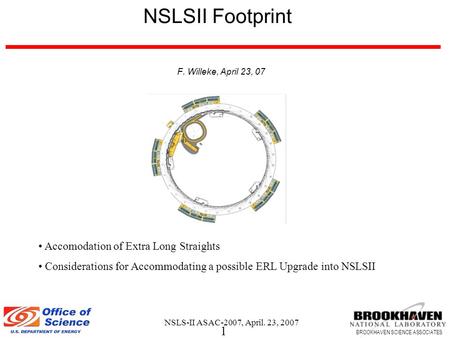 1 BROOKHAVEN SCIENCE ASSOCIATES NSLS-II ASAC-2007, April. 23, 2007 NSLSII Footprint F. Willeke, April 23, 07 Accomodation of Extra Long Straights Considerations.