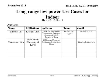 Submission doc.: IEEE 802.11-15/xxxxr0 September 2015 Minseok OH, Kyonggi UniversitySlide 1 Long range low power Use Cases for Indoor Date: 2015-09-14.