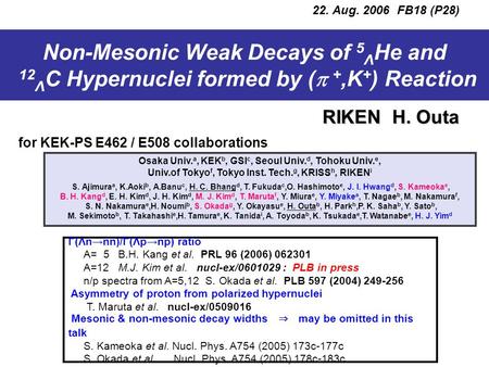 Non-Mesonic Weak Decays of 5 Λ He and 12 Λ C Hypernuclei formed by (  +,K + ) Reaction RIKEN H. Outa 22. Aug. 2006 FB18 (P28) for KEK-PS E462 / E508 collaborations.