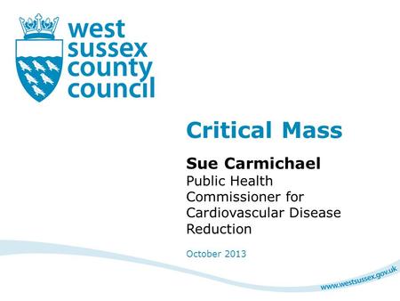 Critical Mass Sue Carmichael Public Health Commissioner for Cardiovascular Disease Reduction October 2013.