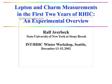 Ralf Averbeck State University of New York at Stony Brook INT/RHIC Winter Workshop, Seattle, December 13-15, 2002 Lepton and Charm Measurements in the.