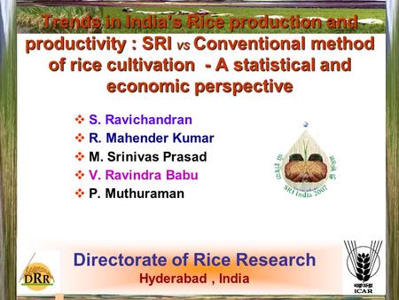 Trends in India’s Rice production and productivity : SRI vs Conventional method of rice cultivation - A statistical and economic perspective  S. Ravichandran.