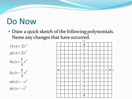 Do Now Draw a quick sketch of the following polynomials. Name any changes that have occurred.