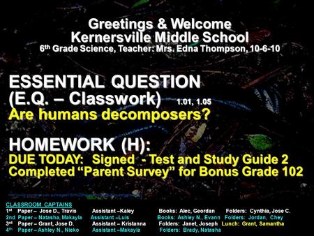 Greetings & Welcome Kernersville Middle School 6 th Grade Science, Teacher: Mrs. Edna Thompson, 10-6-10 ESSENTIAL QUESTION (E.Q. – Classwork) 1.01, 1.05.