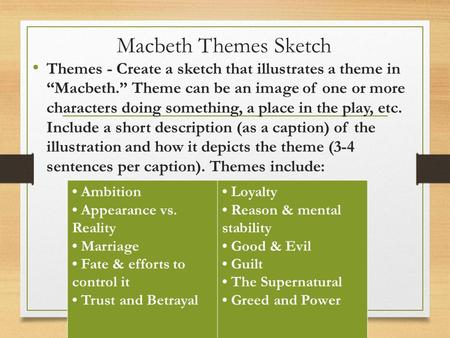 Macbeth Themes Sketch Themes - Create a sketch that illustrates a theme in “Macbeth.” Theme can be an image of one or more characters doing something,