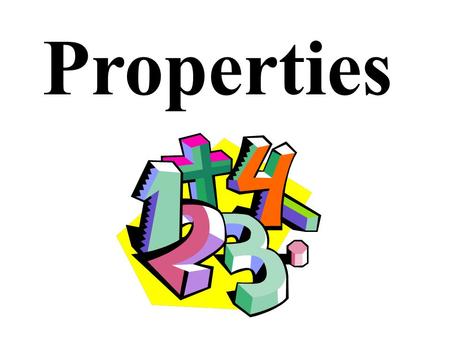 Properties 1. Commutative Property Commutative Property of Addition and Multiplication- -changing the order in which you add does not change the sum.