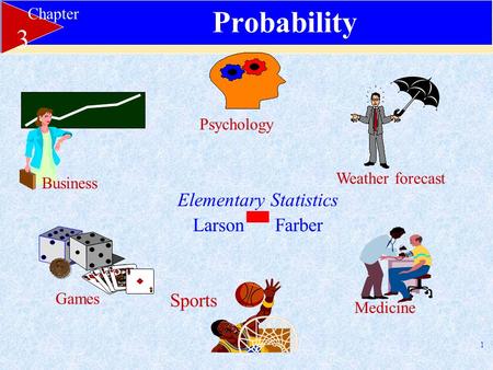 1 Weather forecast Psychology Games Sports Chapter 3 Elementary Statistics Larson Farber Probability Business Medicine.