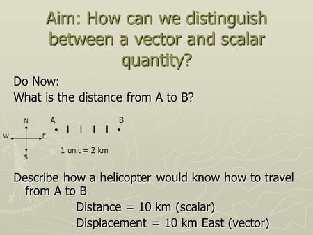 Aim: How can we distinguish between a vector and scalar quantity? Do Now: What is the distance from A to B? Describe how a helicopter would know how to.