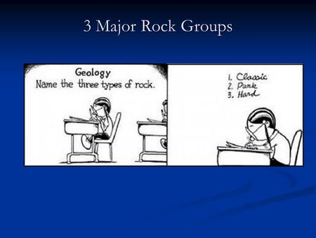 3 Major Rock Groups. 3 Major (Geologic) Rock Groups Igneous Rock Sedimentary Rock Metamorphic Rock.