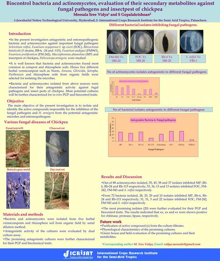 Biocontrol bacteria and actinomycetes, evaluation of their secondary metabolites against fungal pathogens and insectpest of chickpea Meesala Sree Vidya.
