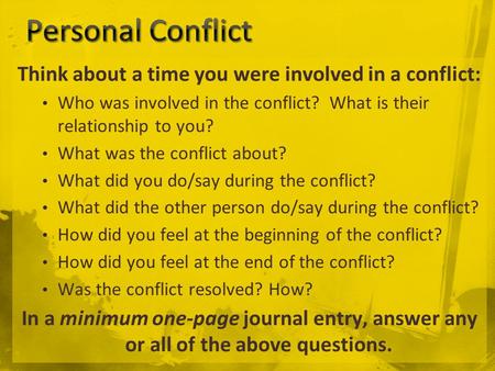 Think about a time you were involved in a conflict: Who was involved in the conflict? What is their relationship to you? What was the conflict about? What.