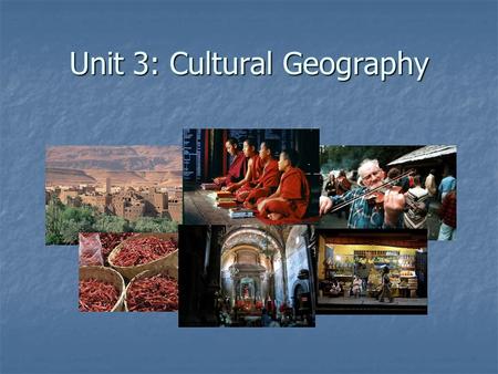 Unit 3: Cultural Geography. Cultural geography is the study of the impact of human culture on the landscape. This includes aspects such as population,
