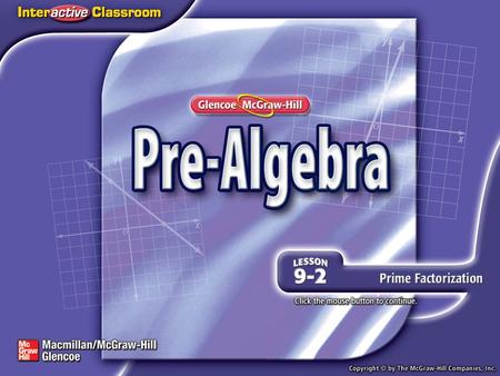 Splash Screen. Lesson Menu Five-Minute Check (over Lesson 9–1) Then/Now New Vocabulary Example 1:Identify Prime and Composite Numbers Example 2: Standardized.