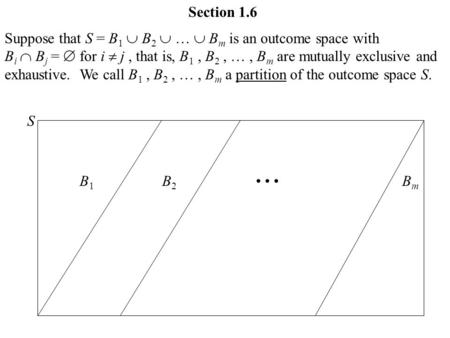 Section 1.6 Suppose that S = B 1  B 2  …  B m is an outcome space with B i  B j =  for i  j, that is, B 1, B 2, …, B m are mutually exclusive and.