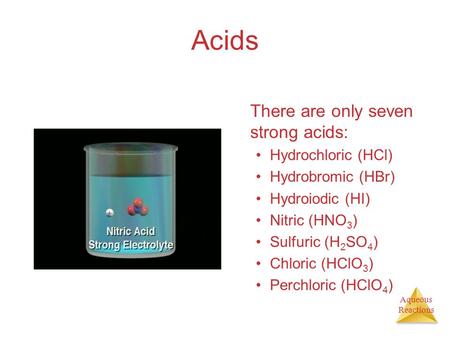 Aqueous Reactions Acids There are only seven strong acids: Hydrochloric (HCl) Hydrobromic (HBr) Hydroiodic (HI) Nitric (HNO 3 ) Sulfuric (H 2 SO 4 ) Chloric.