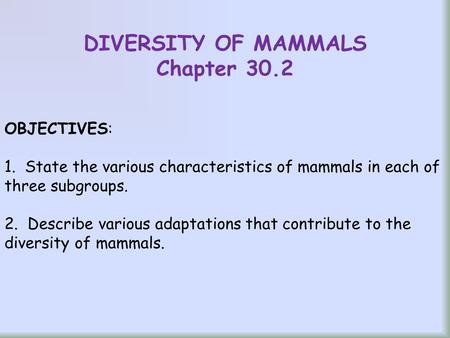 DIVERSITY OF MAMMALS Chapter 30.2